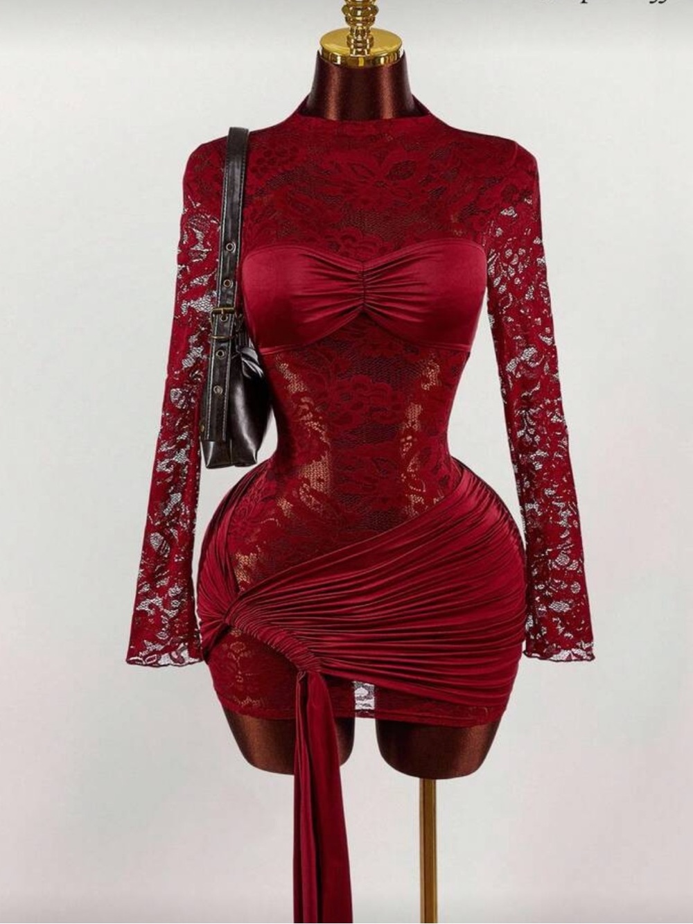 Elegant Burgundy Lace Ruched Bodycon Dress Size L